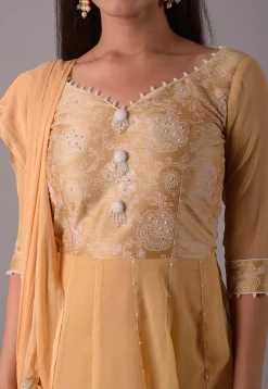 Block Printed Chiffon Anarkali Suit in Beige
