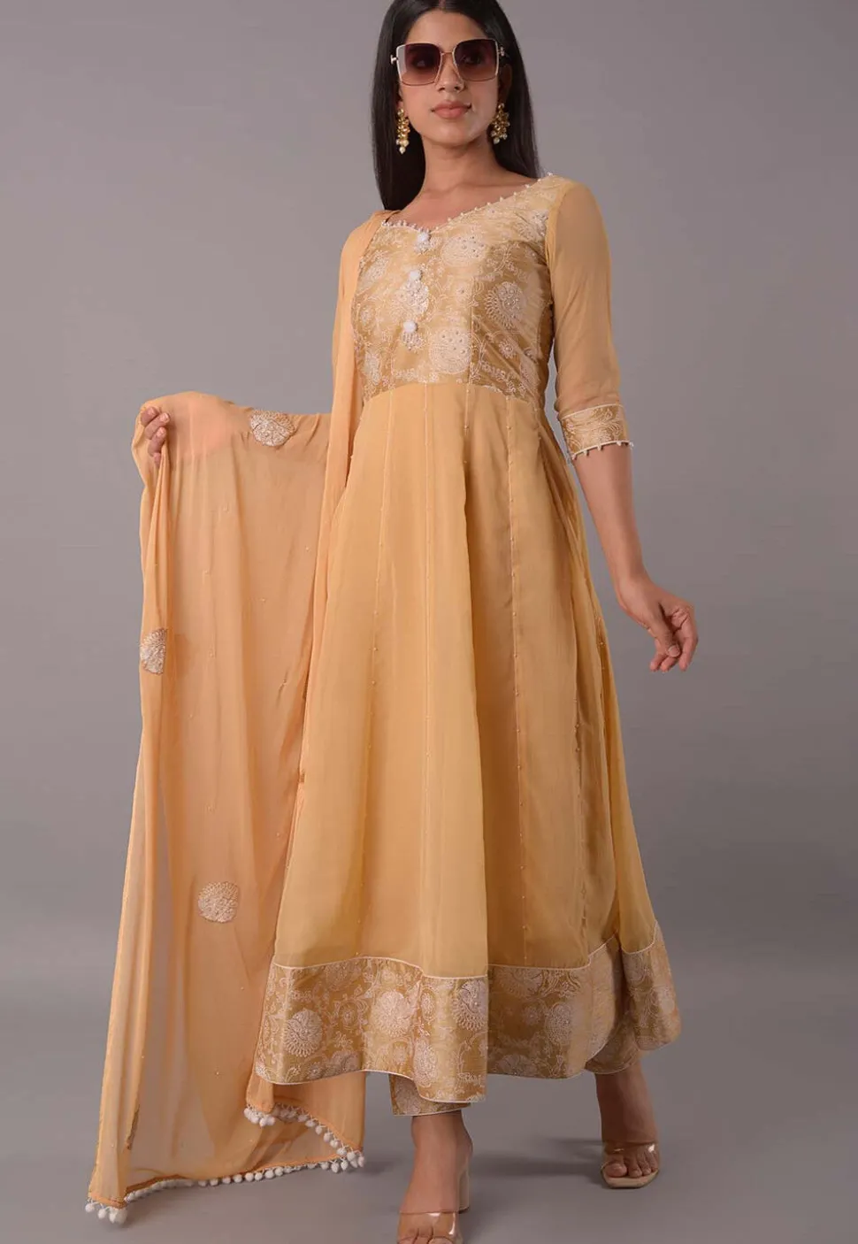 Block Printed Chiffon Anarkali Suit in Beige