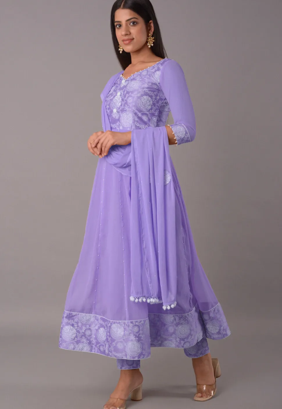 Block Printed Chiffon Anarkali Suit in Purple