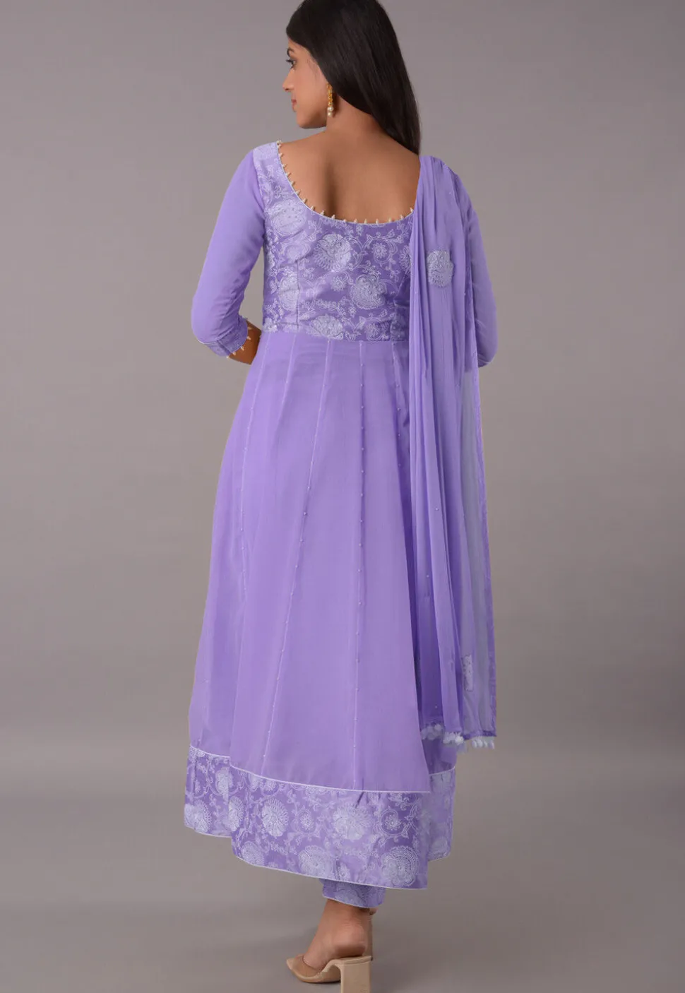 Block Printed Chiffon Anarkali Suit in Purple
