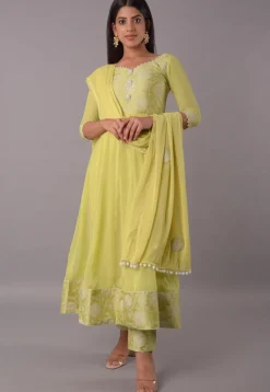 Block Printed Chiffon Anarkali Suit in in Pastel Yellow