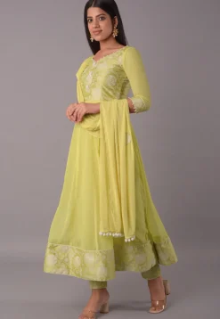 Block Printed Chiffon Anarkali Suit in in Pastel Yellow