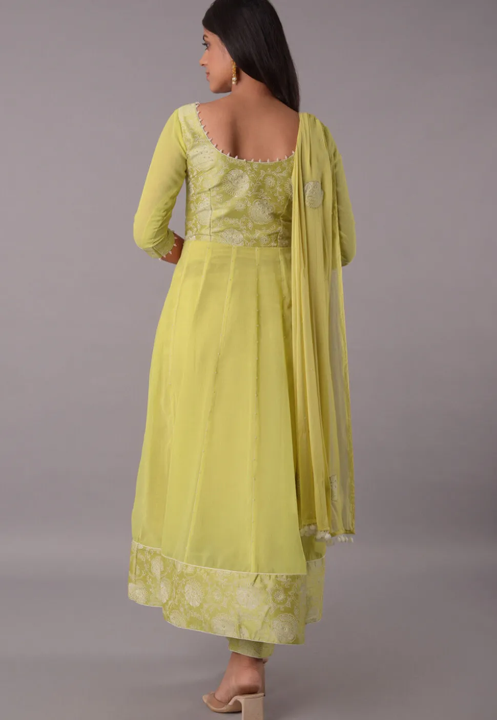 Block Printed Chiffon Anarkali Suit in in Pastel Yellow
