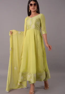 Block Printed Chiffon Anarkali Suit in in Pastel Yellow