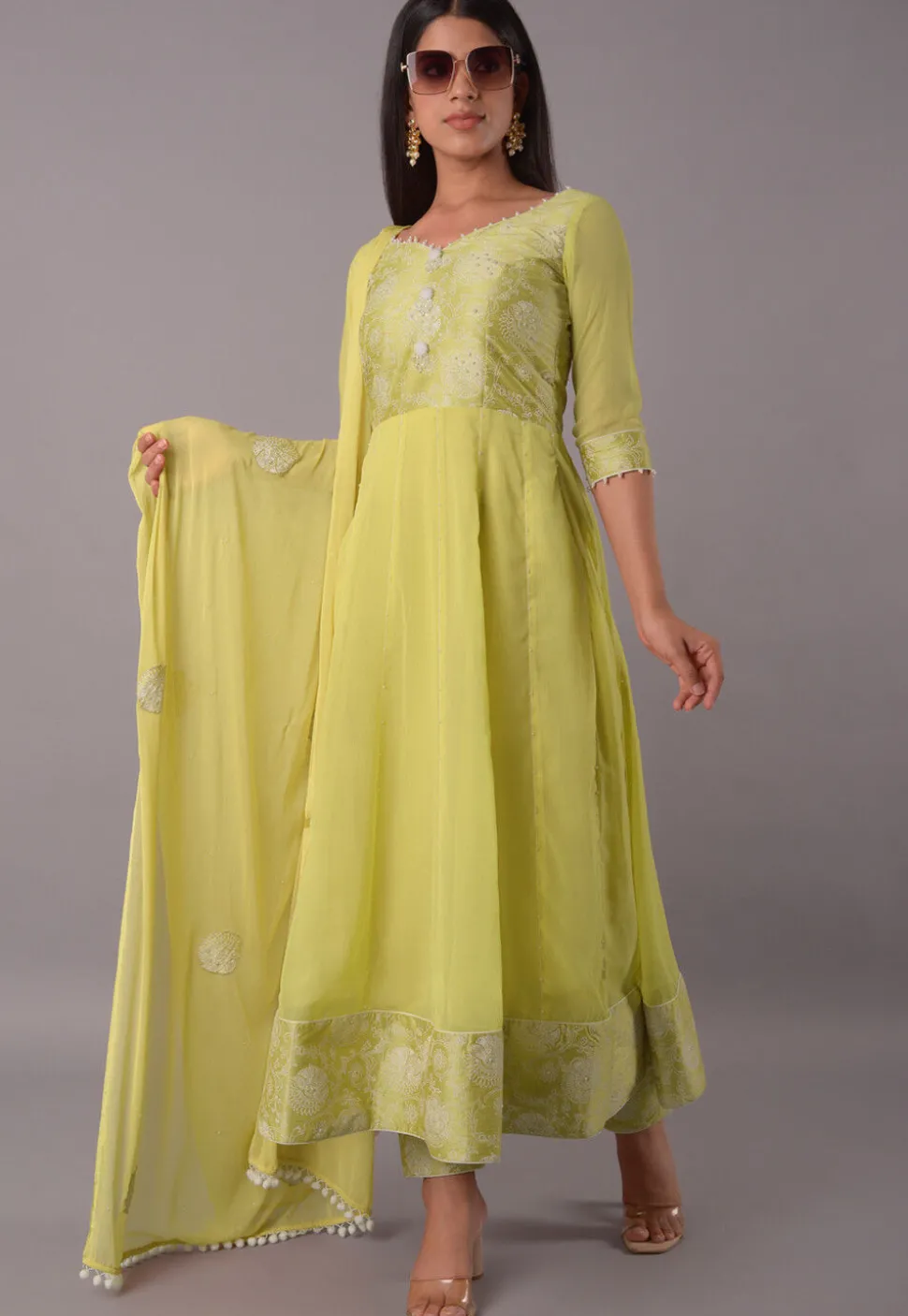 Block Printed Chiffon Anarkali Suit in in Pastel Yellow
