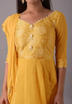 Block Printed Chiffon Anarkali Suit in Mustard
