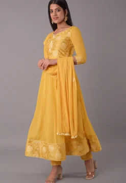 Block Printed Chiffon Anarkali Suit in Mustard