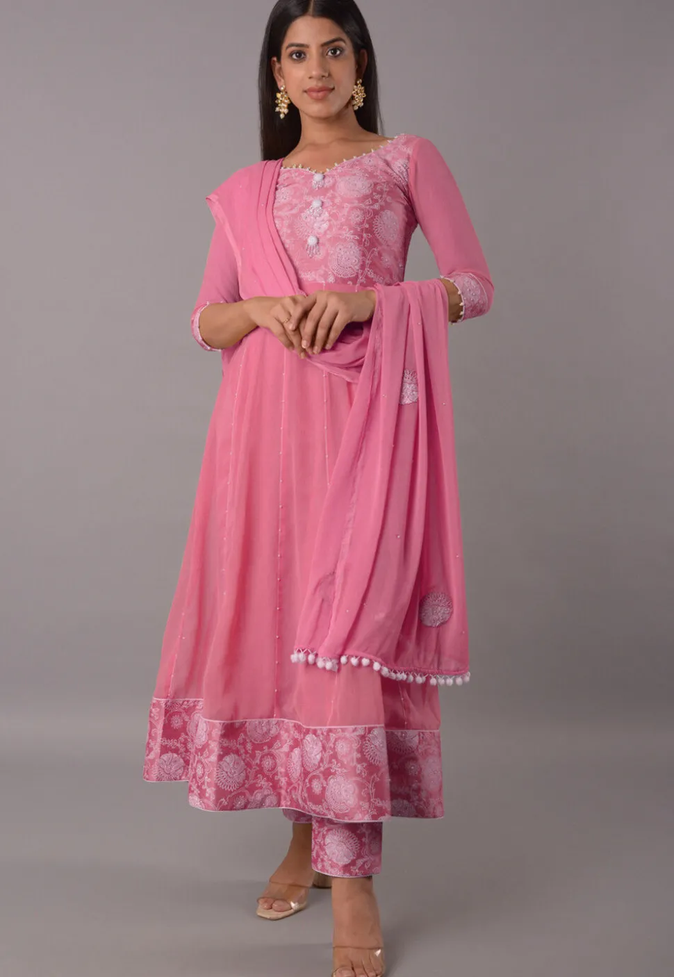 Block Printed Chiffon Anarkali Suit in Baby Pink