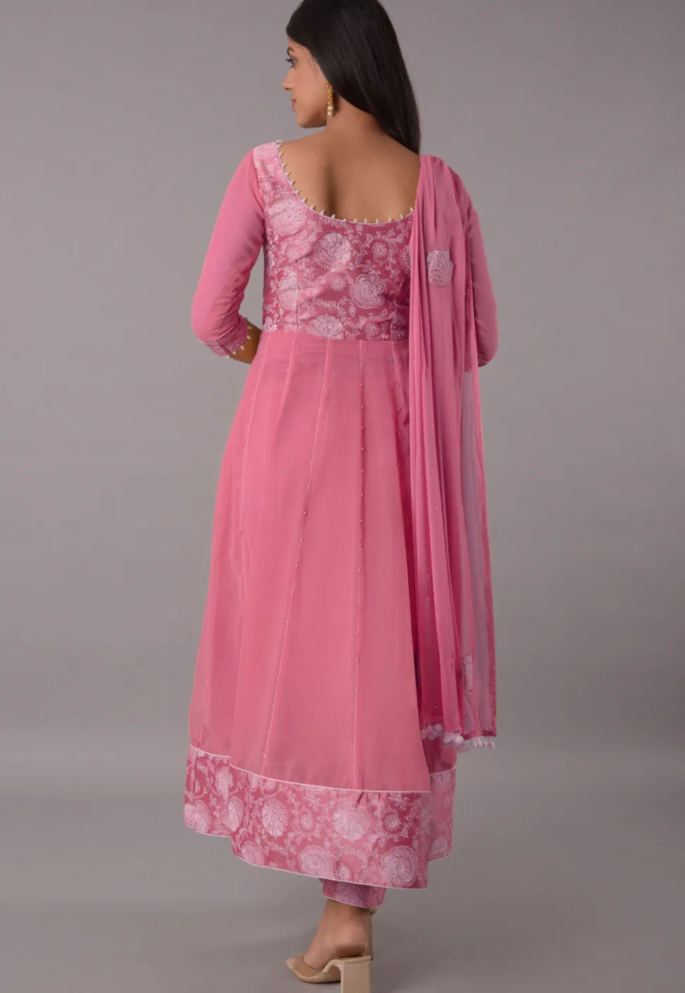 Block Printed Chiffon Anarkali Suit in Baby Pink