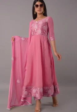 Block Printed Chiffon Anarkali Suit in Baby Pink