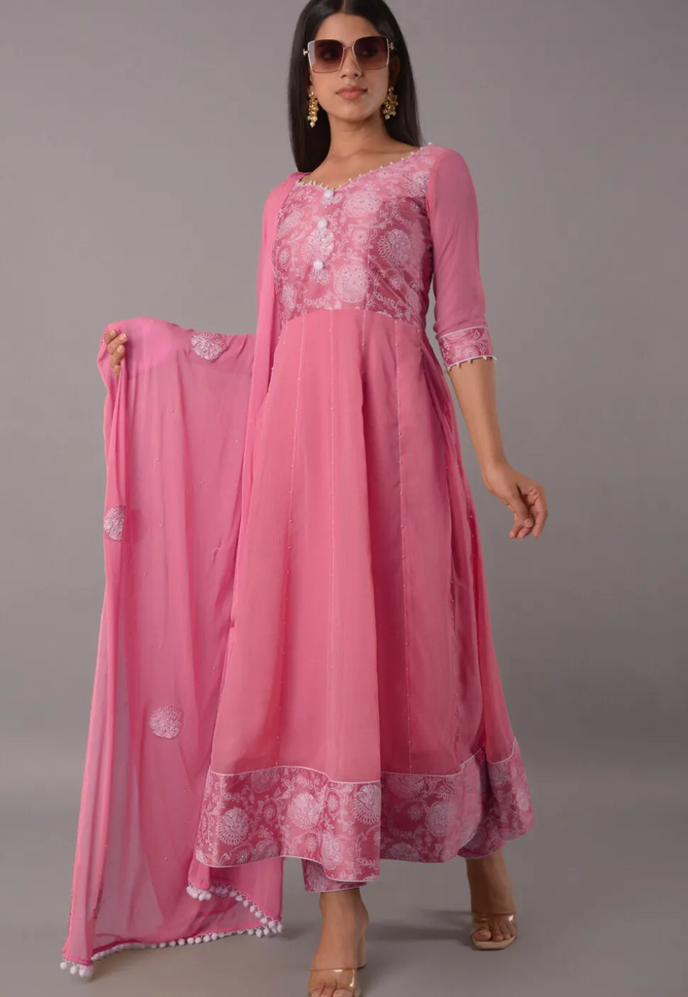 Block Printed Chiffon Anarkali Suit in Baby Pink