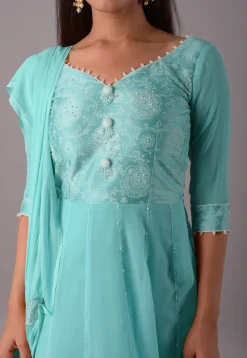 Block Printed Chiffon Anarkali Suit in Sky Blue