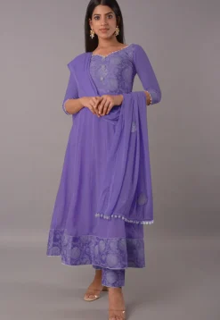 Block Printed Chiffon Georgette Anarkali Suit in Dark Purple