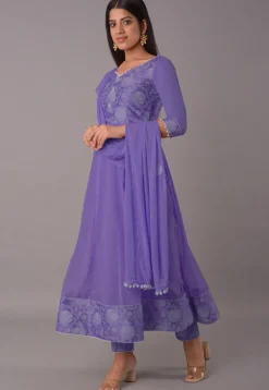 Block Printed Chiffon Georgette Anarkali Suit in Dark Purple
