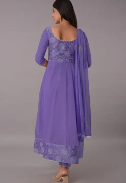Block Printed Chiffon Georgette Anarkali Suit in Dark Purple