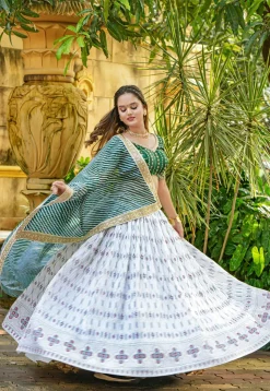 Block Printed Chinon Silk Lehenga in Off White