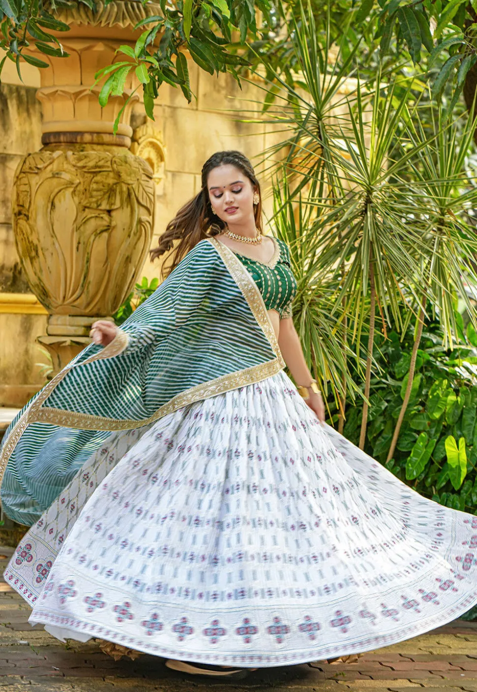 Block Printed Chinon Silk Lehenga in Off White