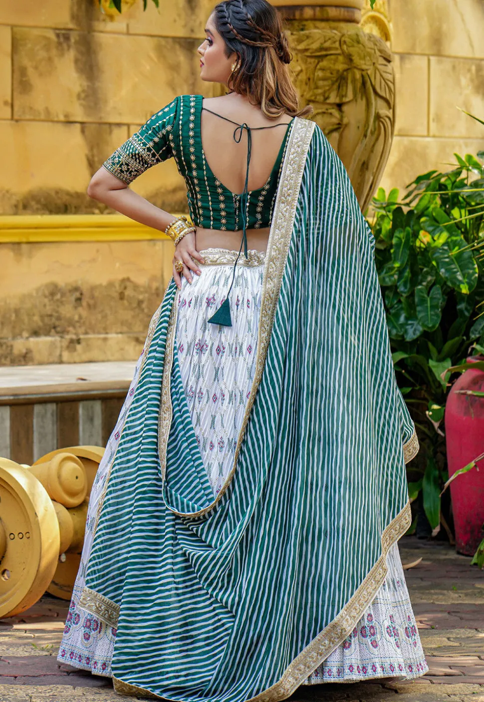 Block Printed Chinon Silk Lehenga in Off White