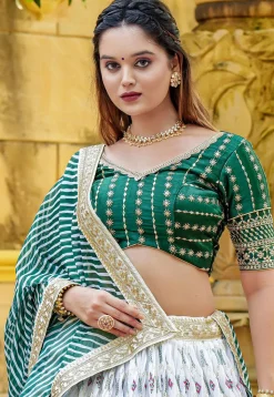 Block Printed Chinon Silk Lehenga in Off White