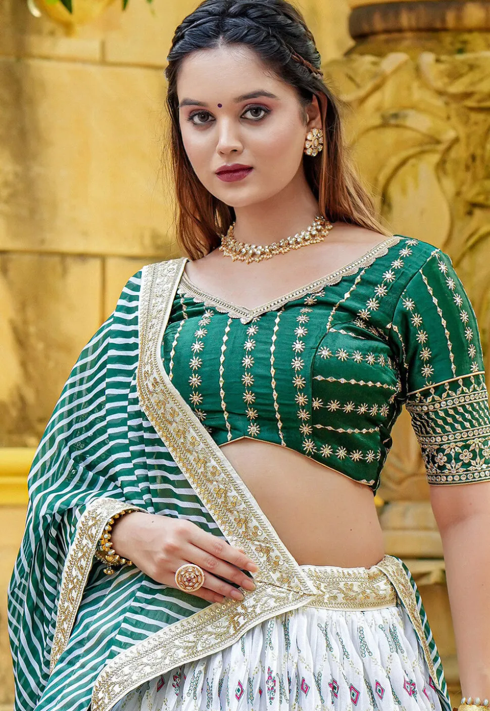 Block Printed Chinon Silk Lehenga in Off White
