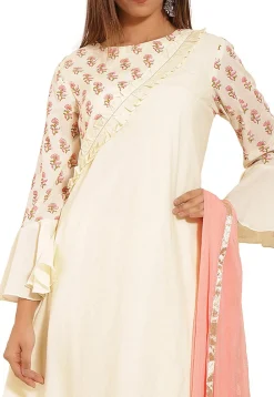 Block Printed Cotton A Line Suit in Cream
