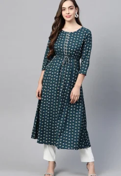 Block Printed Cotton A Line Kurta in Dark Teal Blue