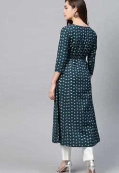 Block Printed Cotton A Line Kurta in Dark Teal Blue
