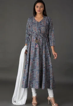 Block Printed Cotton A Line Suit in Blue