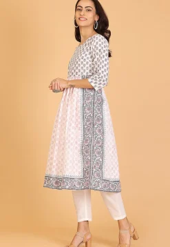 Block Printed Cotton A Line Kurta Set in White