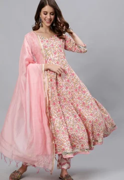 Block Printed Cotton A Line Suit in Off White