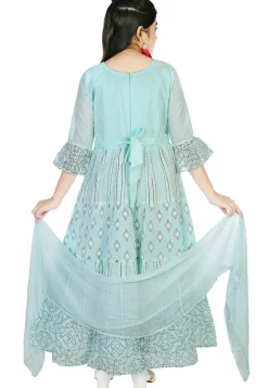 Block Printed Cotton Abaya Style Suit in Light Blue