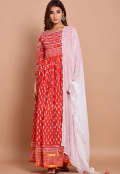 Block Printed Cotton Abaya Style Suit in Red