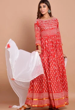 Block Printed Cotton Abaya Style Suit in Red