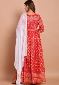 Block Printed Cotton Abaya Style Suit in Red