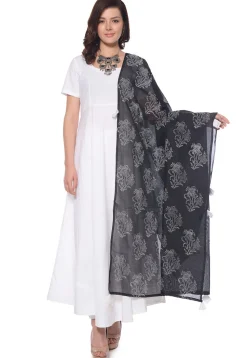 Block Printed Cotton Abaya Style Suit in White
