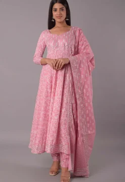 Block Printed Cotton Aline Suit in Pink