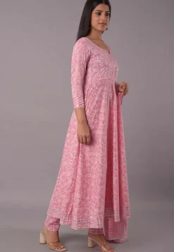 Block Printed Cotton Aline Suit in Pink