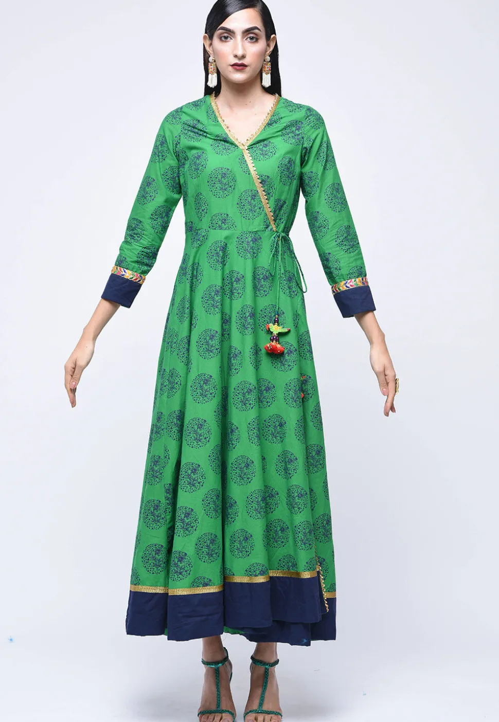 Block Printed Cotton Angrakha Style Kurta in Green