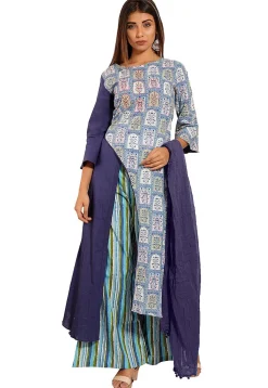 Block Printed Cotton Asymmetric A Line Suit in Blue