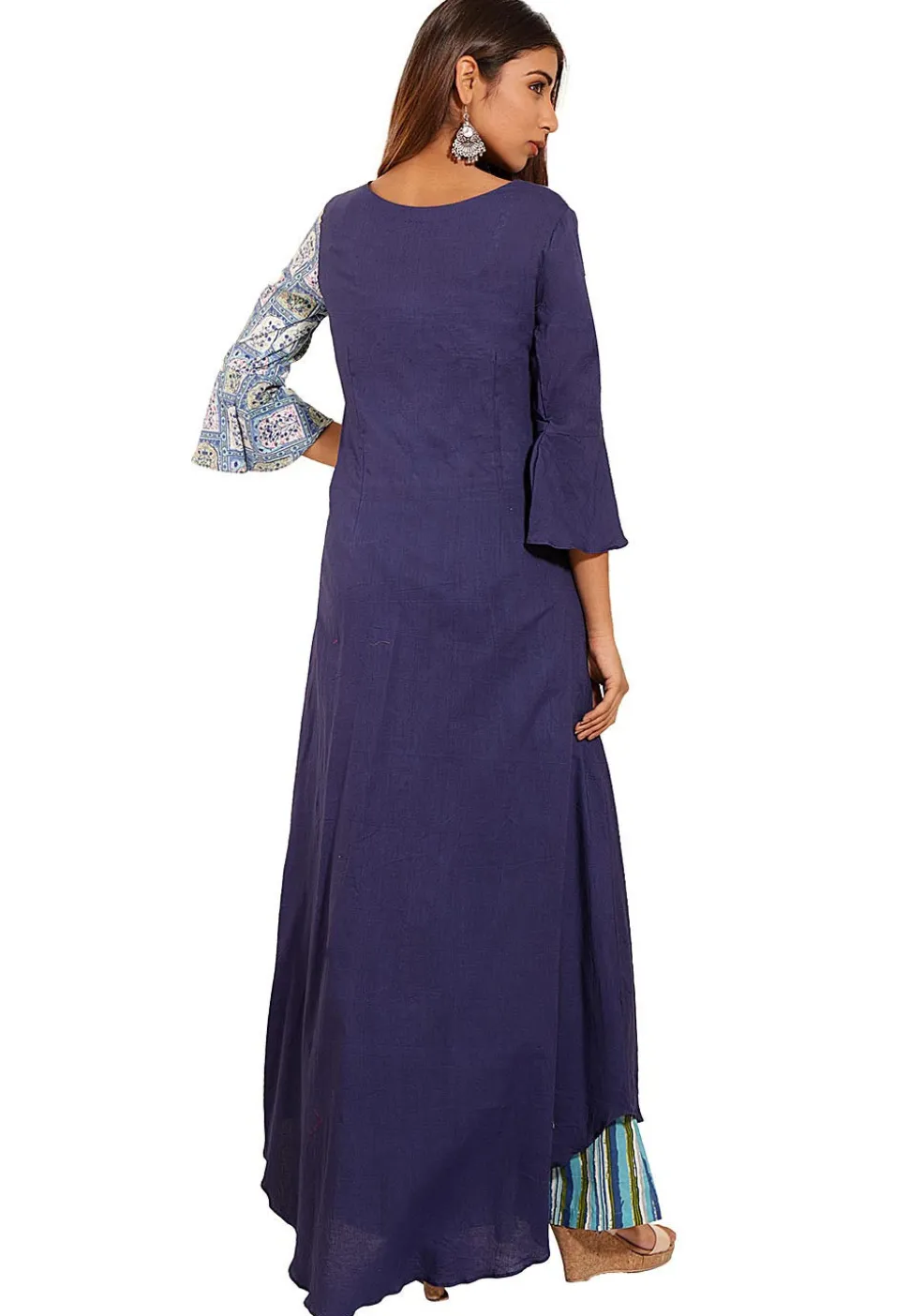 Block Printed Cotton Asymmetric A Line Suit in Blue