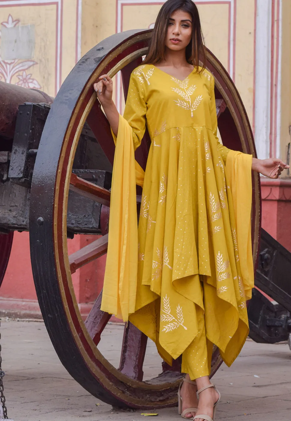 Block Printed Cotton Asymmetric Pakistani Suit in Mustard