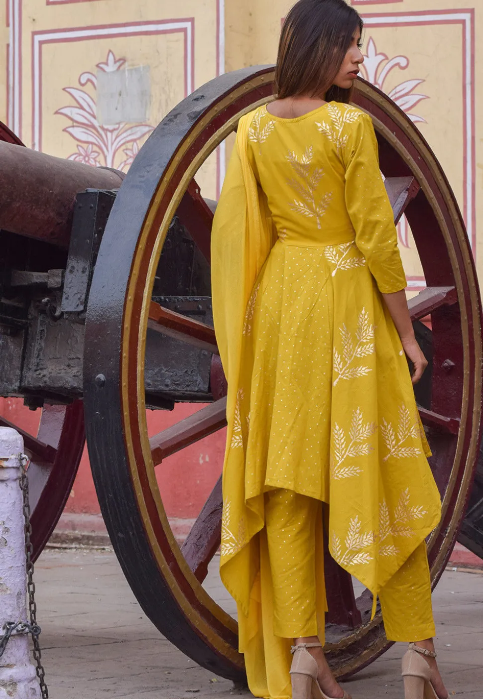 Block Printed Cotton Asymmetric Pakistani Suit in Mustard