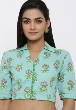 Block Printed Cotton Blouse in Sea Green