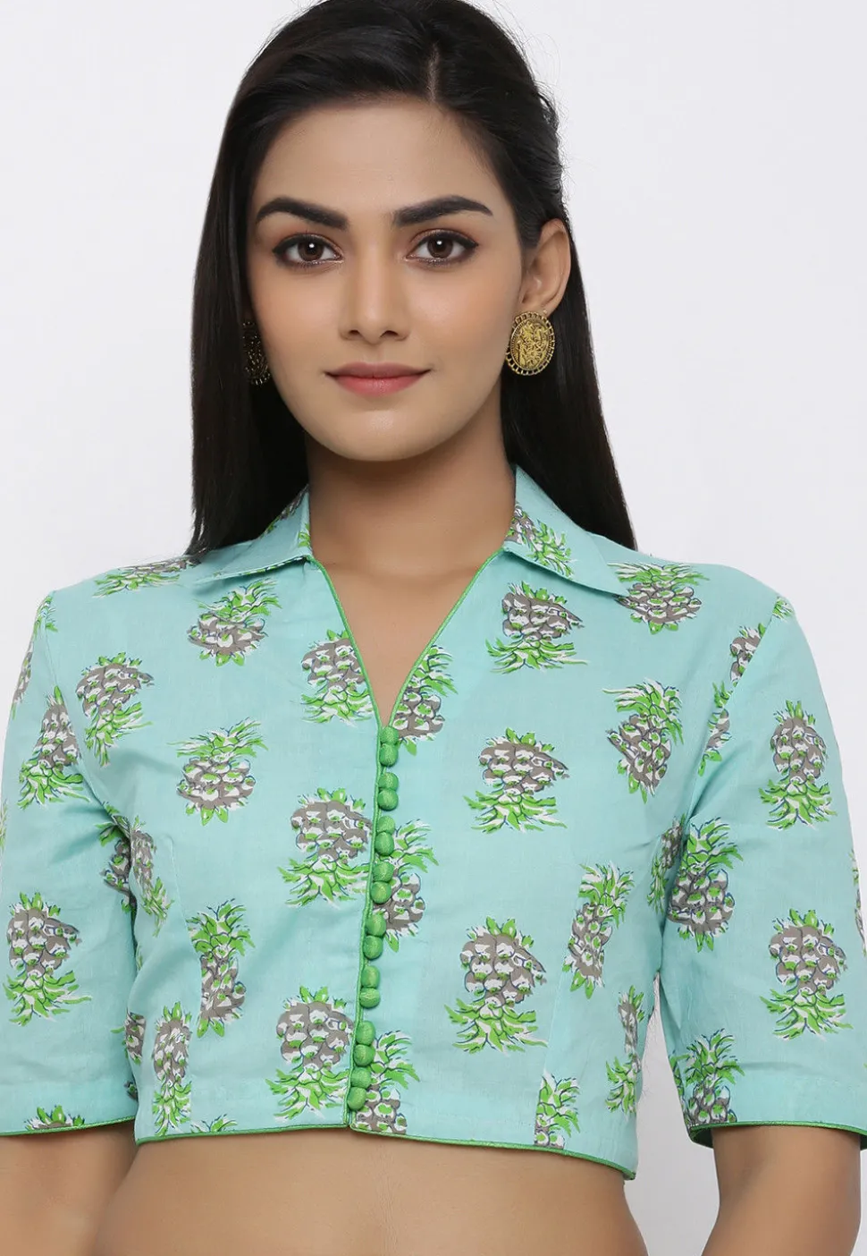 Block Printed Cotton Blouse in Sea Green