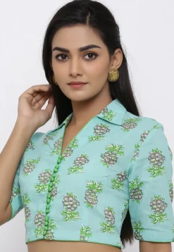 Block Printed Cotton Blouse in Sea Green