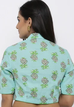 Block Printed Cotton Blouse in Sea Green