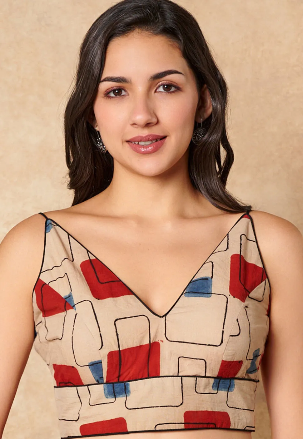 Block Printed Cotton Blouse in Beige