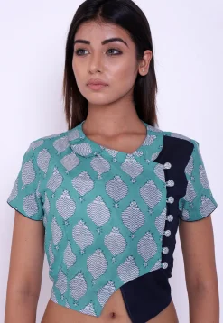 Block Printed Cotton Blouse in Sea Green and Navy Blue