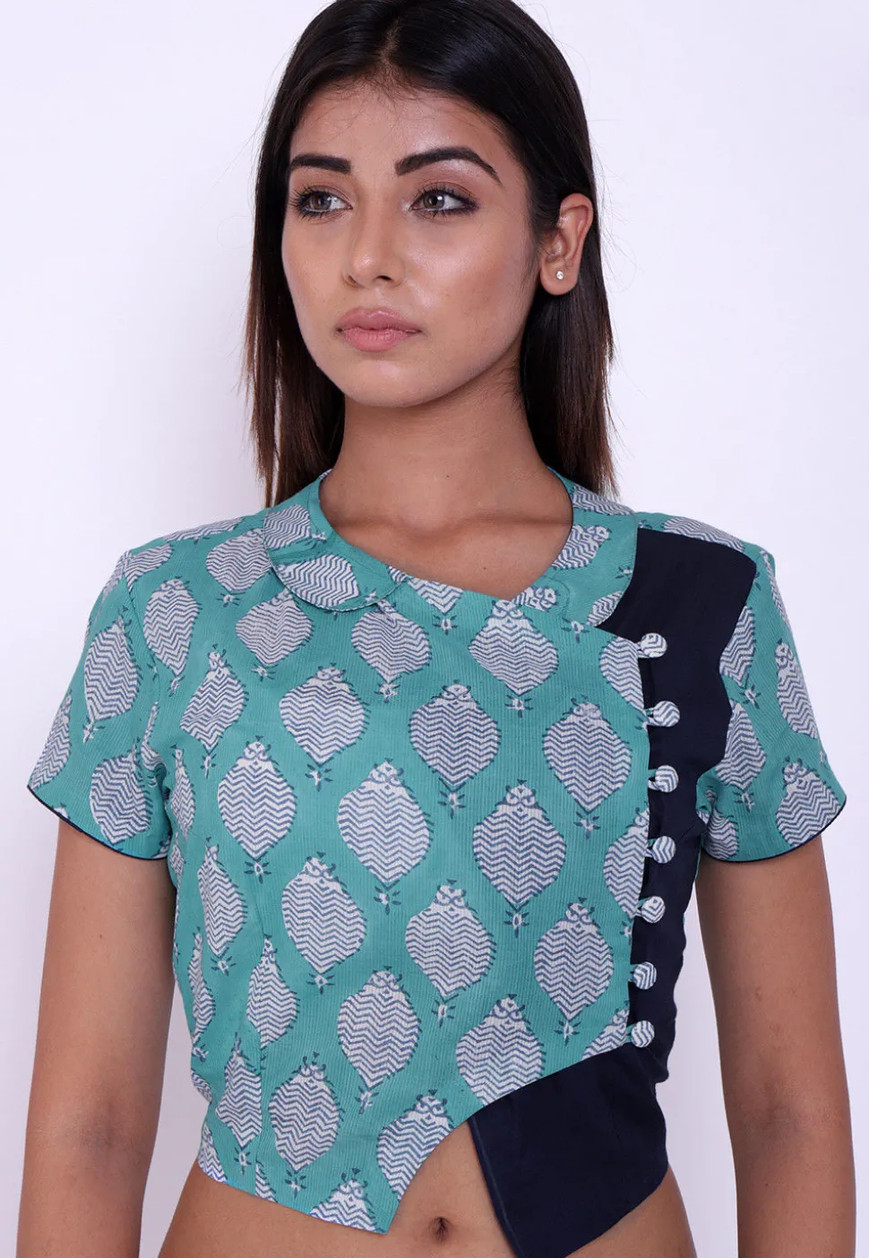 Block Printed Cotton Blouse in Sea Green and Navy Blue