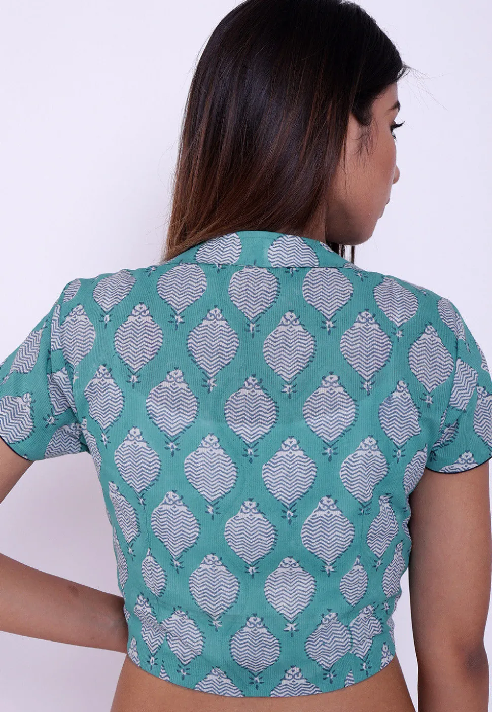 Block Printed Cotton Blouse in Sea Green and Navy Blue
